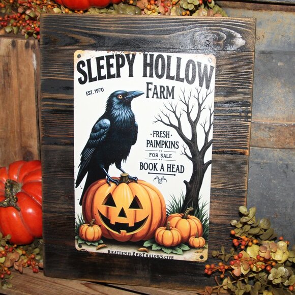 Hand Crafted Other - NEW Sleepy Hollow Black Crow Raven Jack O Lantern Farmhouse Wall Decor Sign